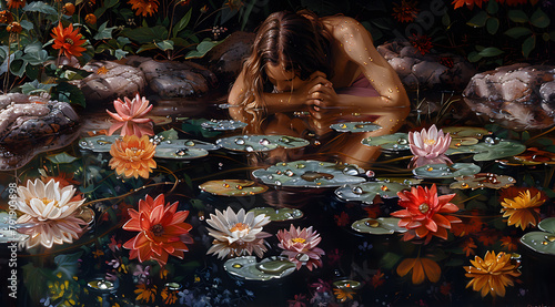 Garden Kaleidoscope: Oil Painting Showcasing Reflective Surfaces Among Flowers photo