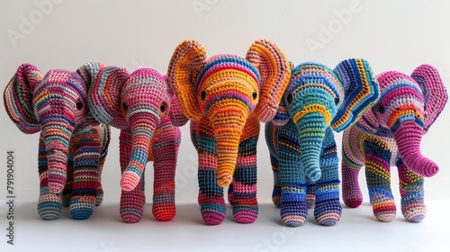 Colorful handmade knitted elephants lined up against plain background