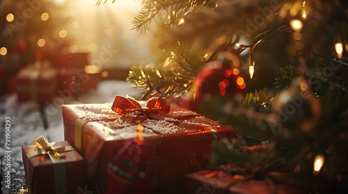 Christmas gifts under christmas tree in the sunny morning