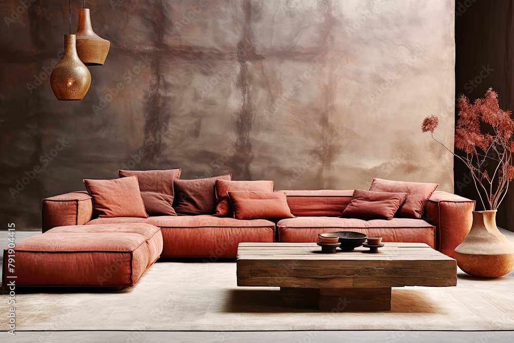 Naklejka premium Red modular corner sofa against blank brown stucco wall with copy space. Loft interior design of modern living room, home.