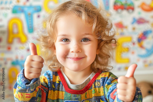 Cute cheerful smiling toddler girl with red curly hair holding her hand with thumb up in approving gesture. Creative banner for different concepts