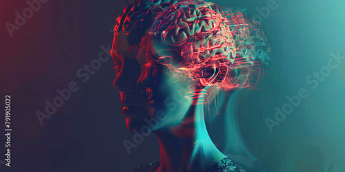 Schizophrenia: The Hallucinations and Delusions - Visualize a person with highlighted brain showing neurotransmitter imbalance, experiencing hallucinations and delusions, photo