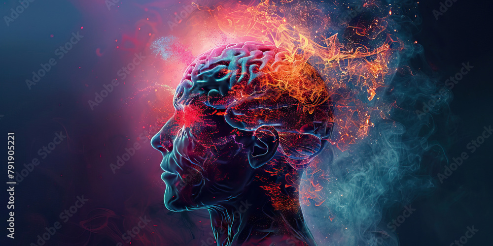 Schizophrenia: The Hallucinations and Delusions - Visualize a person with highlighted brain showing neurotransmitter imbalance, experiencing hallucinations and delusions, Schizophrenia: The Hallucinations and Delusions - Visualize a person with highlighted brain showing neurotransmitter imbalance, experiencing hallucinations and delusions,