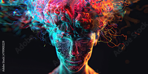 Schizophrenia: The Hallucinations and Delusions - Visualize a person with highlighted brain showing neurotransmitter imbalance, experiencing hallucinations and delusions, photo