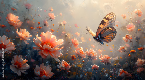 Fantasy Floral Dreamland: Dreamy Oil Painting of Whimsical Garden and Creature photo