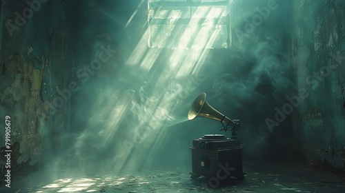 Solitary antique gramophone in a mysterious, mist-filled room with ethereal light streaming in photo