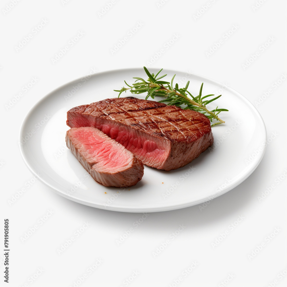 white plate with delicious cooked steak meat сreated with Generative Ai