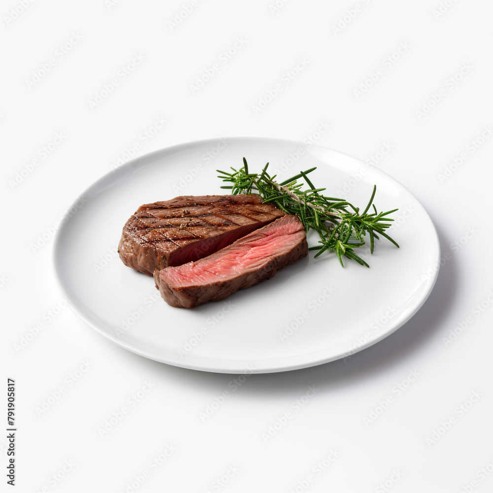 white plate with delicious cooked steak meat сreated with Generative Ai white plate with delicious cooked steak meat сreated with Generative Ai