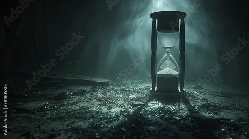 Antique hourglass amid beams of light and shadows in a dark setting
