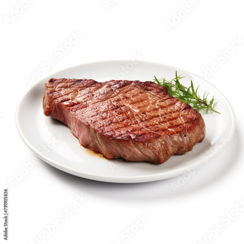 white plate with delicious cooked steak meat сreated with Generative Ai