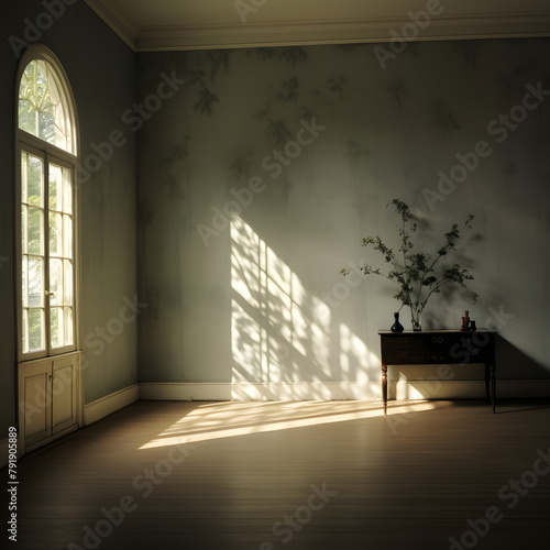 Empty minimalist room with a gray wall in the background. The shadow of the sun's rays. Nature cocept.	
