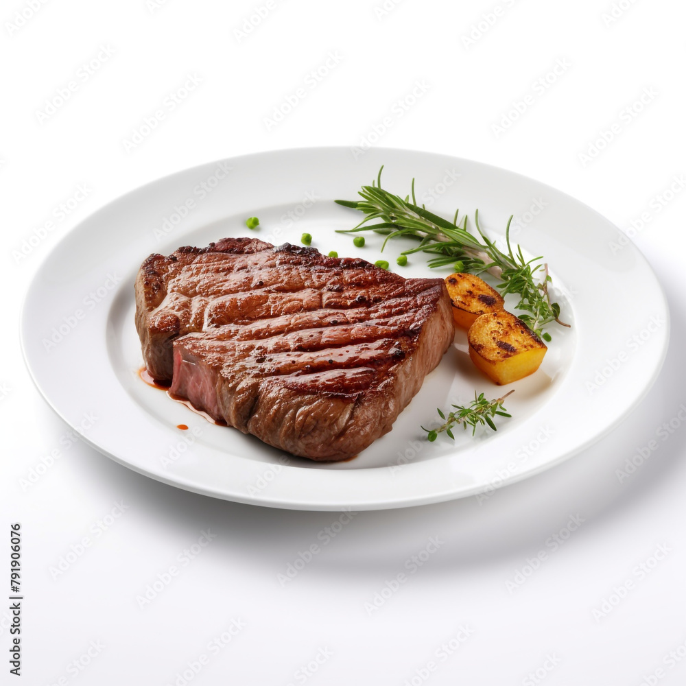 white plate with delicious cooked steak meat сreated with Generative Ai white plate with delicious cooked steak meat сreated with Generative Ai