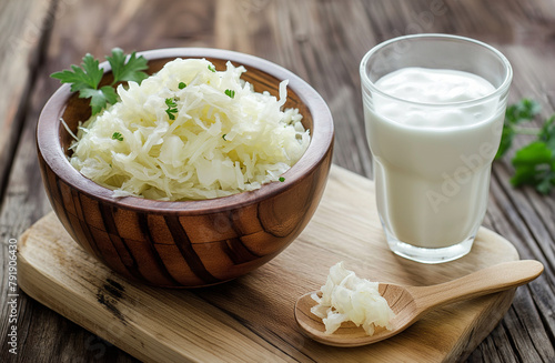 Wooden bowl of sauerkraut and glass of kefir