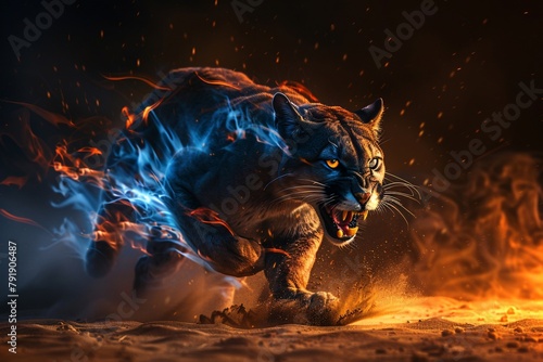 Beautiful big puma with fire on black background. Wildlife scene. Angry big cat in fiery ambience.
 photo