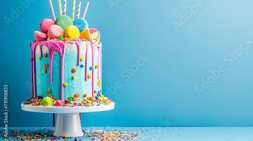 Colorful candy drip cake blue background right sided with perfectly usable for all party photo