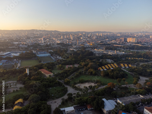 Incredible sunset in the city of São Paulo, a megalopolis with an aerial image above the Tietê River. #791906861