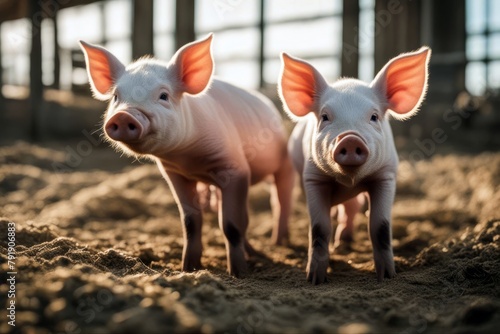 'young two breeding farm pig piglet agricultural agriculture animal barn boar closeup cultivation curious cute domestic ear farming food group happy hay herd hog husbandry industry little look mammal'