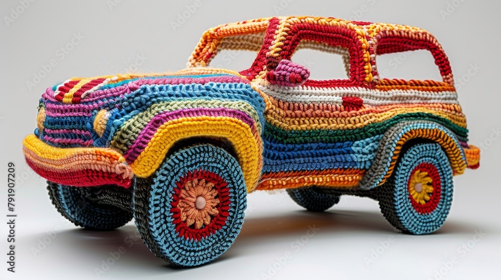 Colorful knitted toy cars displayed in playful collection - obrazy, fototapety, plakaty 