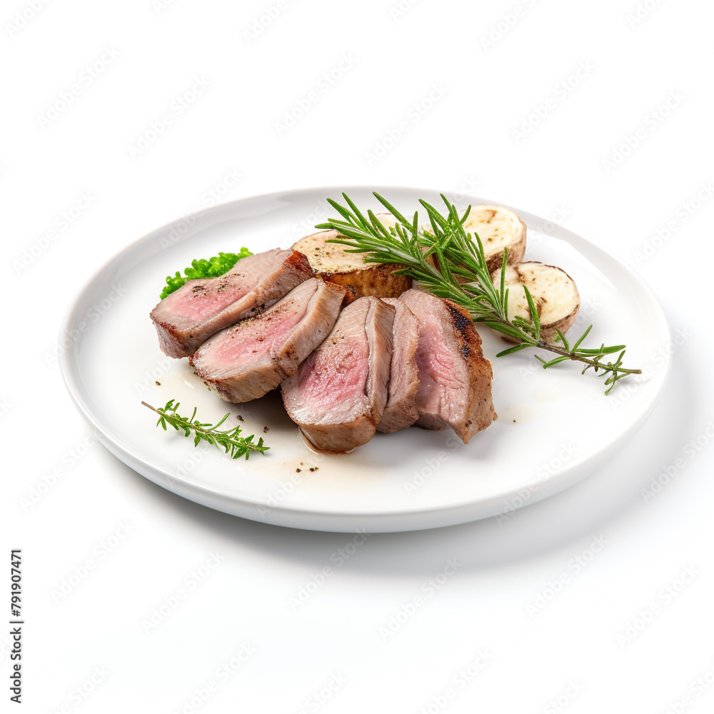 white plate with delicious cooked steak meat сreated with Generative Ai