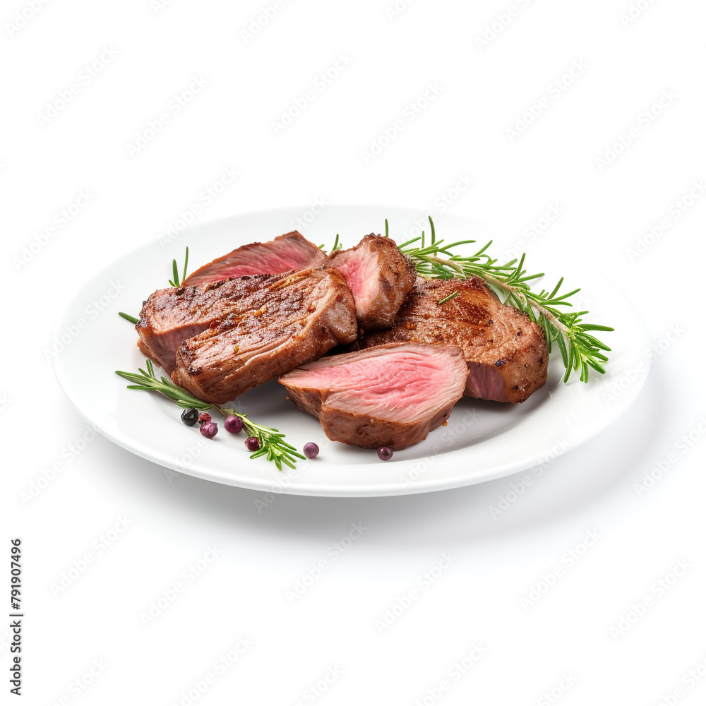 white plate with delicious cooked steak meat сreated with Generative Ai white plate with delicious cooked steak meat сreated with Generative Ai