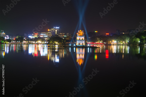 The night panorama of the Returned sword lake. The historical centre of Hanoi