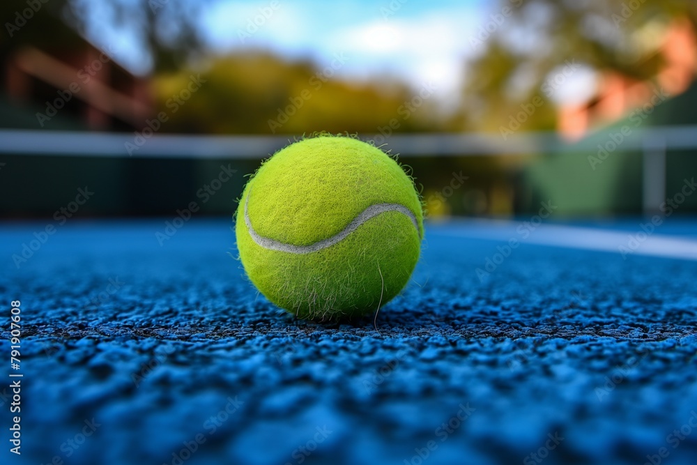 Tennis ball on a textured blue court, with a blurred net in the background