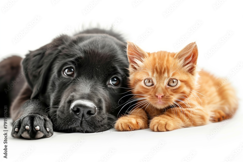 black labrador puppy with fluffy ginger kitten isolated on white background