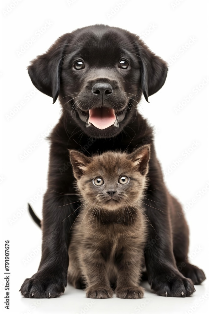 Happy black labrador puppy having fun playing with fluffy kitten isolated on white background Happy black labrador puppy having fun playing with fluffy kitten isolated on white background