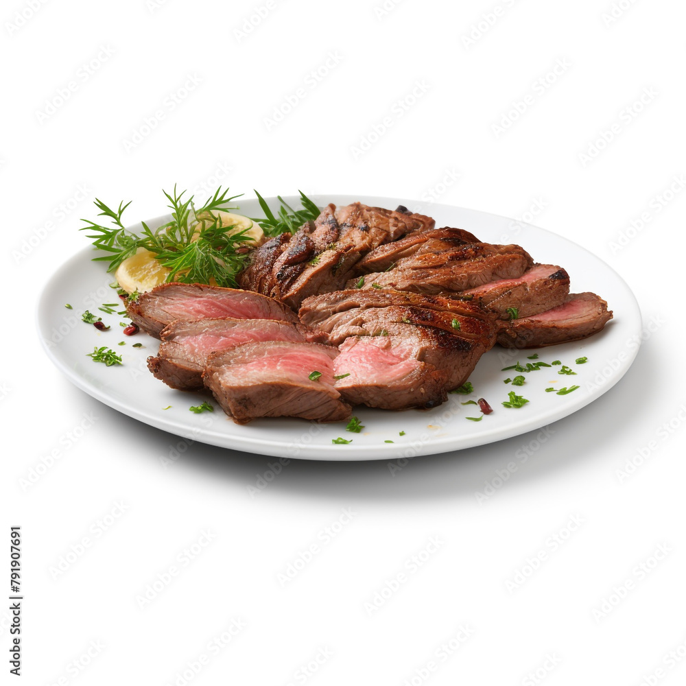 white plate with delicious cooked steak meat сreated with Generative Ai white plate with delicious cooked steak meat сreated with Generative Ai