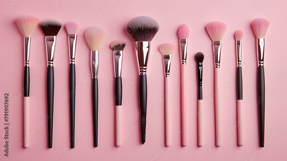 cosmetic and make up brush collection on pink pastel background cosmetic and make up brush collection on pink pastel background