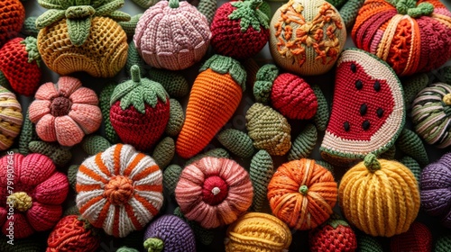 Colorful handcrafted knitted food items including vegetables, fruits, and desserts on a clean background photo