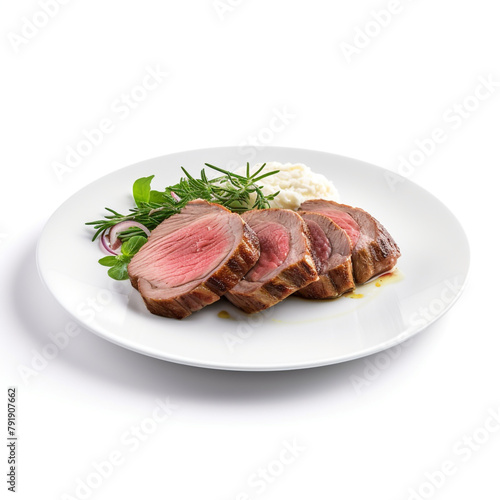 white plate with delicious cooked steak meat сreated with Generative Ai