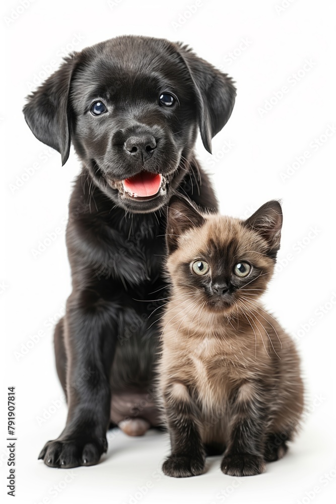 Happy black labrador puppy having fun playing with fluffy kitten isolated on white background Happy black labrador puppy having fun playing with fluffy kitten isolated on white background
