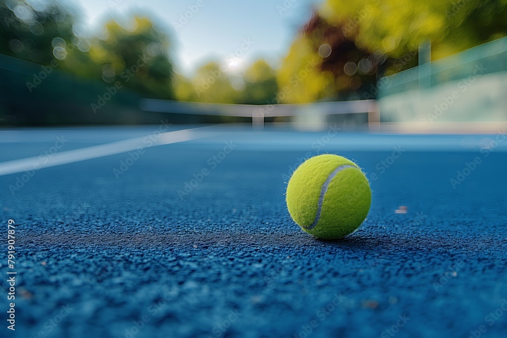 Tennis ball on blue court with sharp focus and blurred background