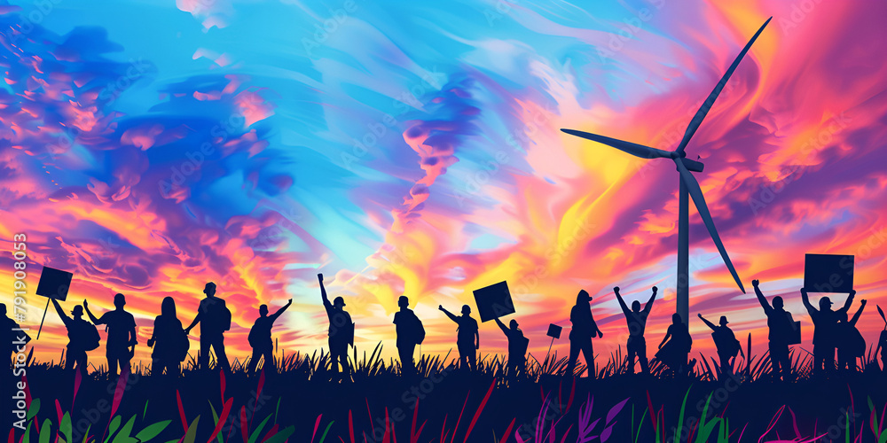 Activists holding signs in front of wind turbines, promoting clean energy solutions Activists holding signs in front of wind turbines, promoting clean energy solutions