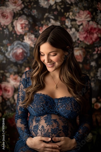 A pregnant woman in a blue lace dress poses for her maternity photo shoot, AI