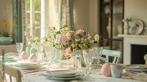 Easter tablescape decoration, floral holiday table decor for family celebration, spring flowers, Easter eggs, Easter bunny and vintage dinnerware, English country and home styling