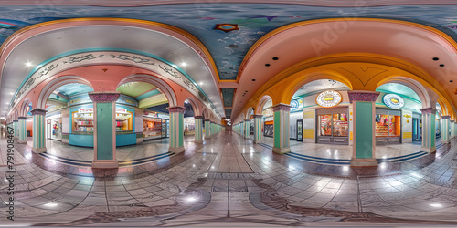 360 equirectangular panorama of a pastel art deco shopping arcade with pink and orange arches
