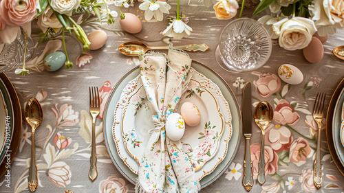 Easter tablescape decoration, floral holiday table decor for family celebration, spring flowers, Easter eggs, Easter bunny and vintage dinnerware, English country and home styling