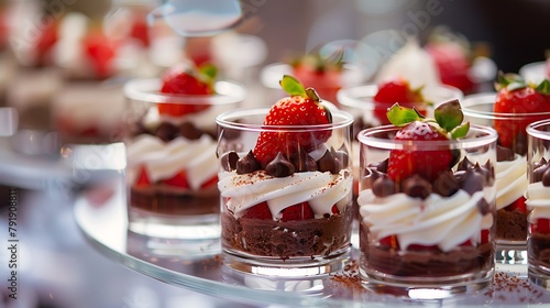 Delicious mini cakes with cream chocolate and strawberries on buffet table catering concept