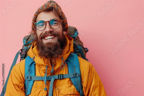 Cheerful young man with backpack laughing and looking at camera isolated on orange photo