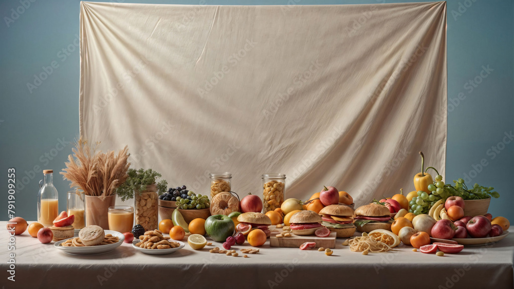 Fototapeta premium Creative food banner in pastel blue and pink colors