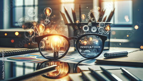 "Creative Innovation Glasses Showcasing Business Role in a Close-Up Reflection (Photo Stock Concept)" How about this title?