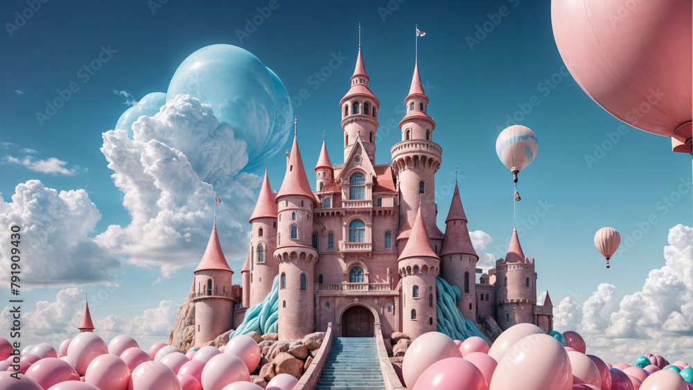 Fantastic castle. The old castle is pink, there are a lot of balloons around. Fantasy, art, creativity, creativity. - obrazy, fototapety, plakaty 