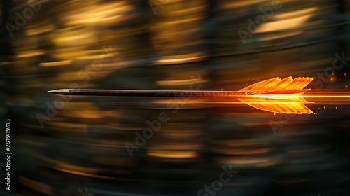 Arrow in flight ignites with fiery trails against a blurred golden backdrop