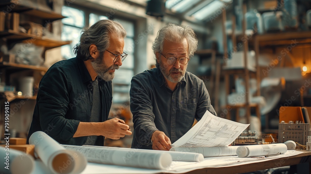 Craftsmen Analyzing Architectural Plans in Workshop Craftsmen Analyzing Architectural Plans in Workshop