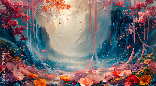 Serenade of the Breeze: Dreamy Oil Painting with Ribbons and Wind Chimes photo