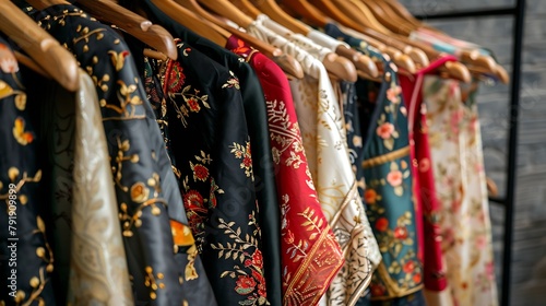 Display of elegant silk clothes on rack