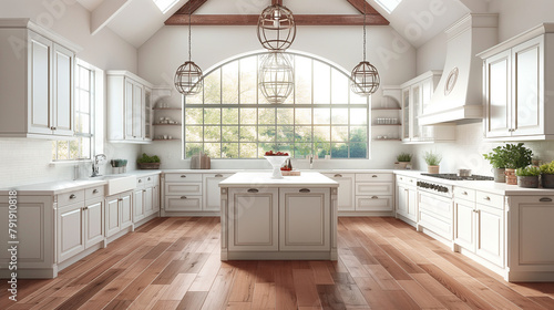 large kitchen with island, white cabinets and wood floors, arched window over sink, modern pendant lights