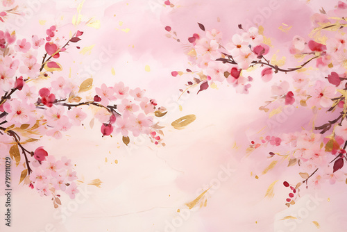 Ethereal Sakura Blossoms on Pink Watercolor
